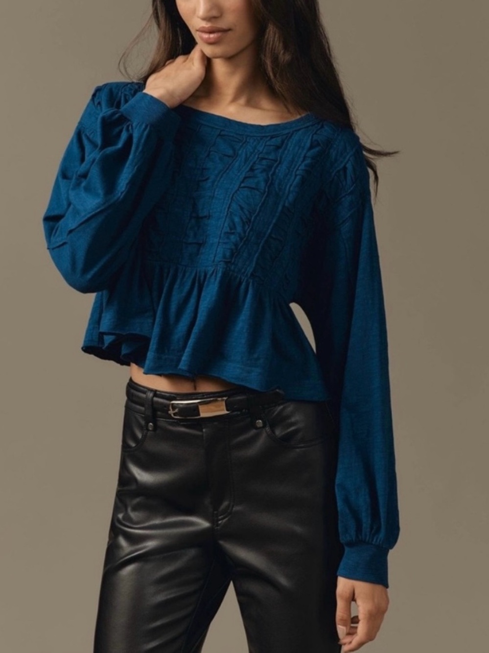 Pilcro Royal Blue Peplum Long-Sleeve Blouse